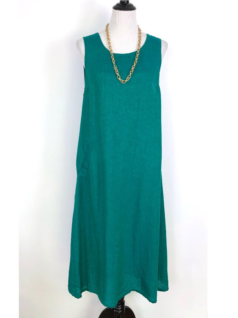 FLAX Linen Sleeveless Maxi Dress Teal Jade Green Pockets Lagenlook Size S